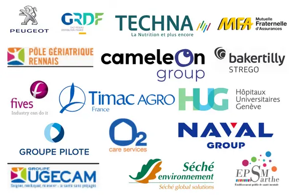 Références clients de Patrick JAY : Peugeot, GRDF, Techna, MFA, Baker Tilly Strego, Fives, Timac Agro, HUG, Naval Group, Groupe Pilote, O2, Séché Environnement, UGECAM et EPSM de la Sarthe