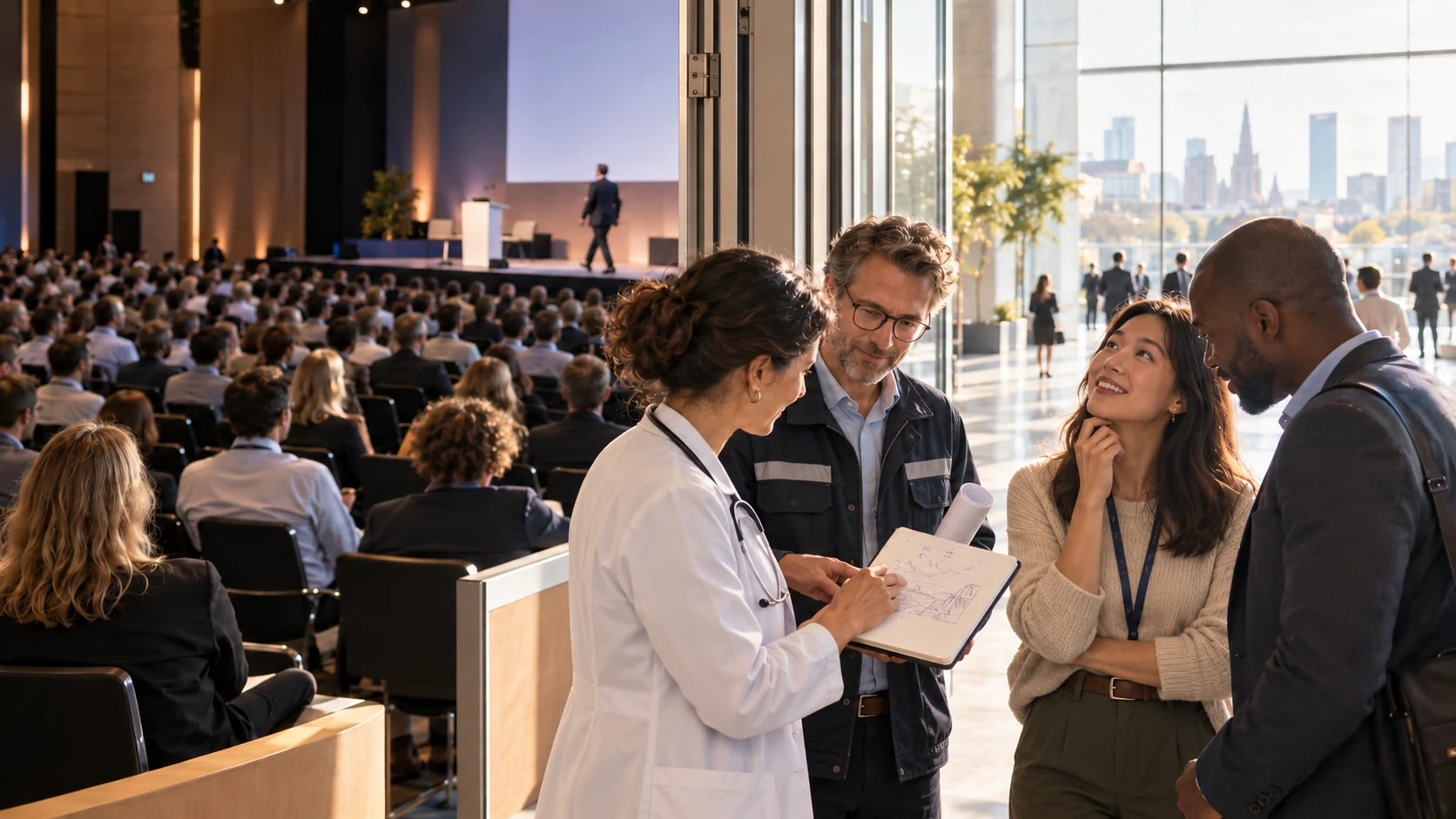 Après une conférence, des participants échangent une idée nouvelle devant un espace ouvert