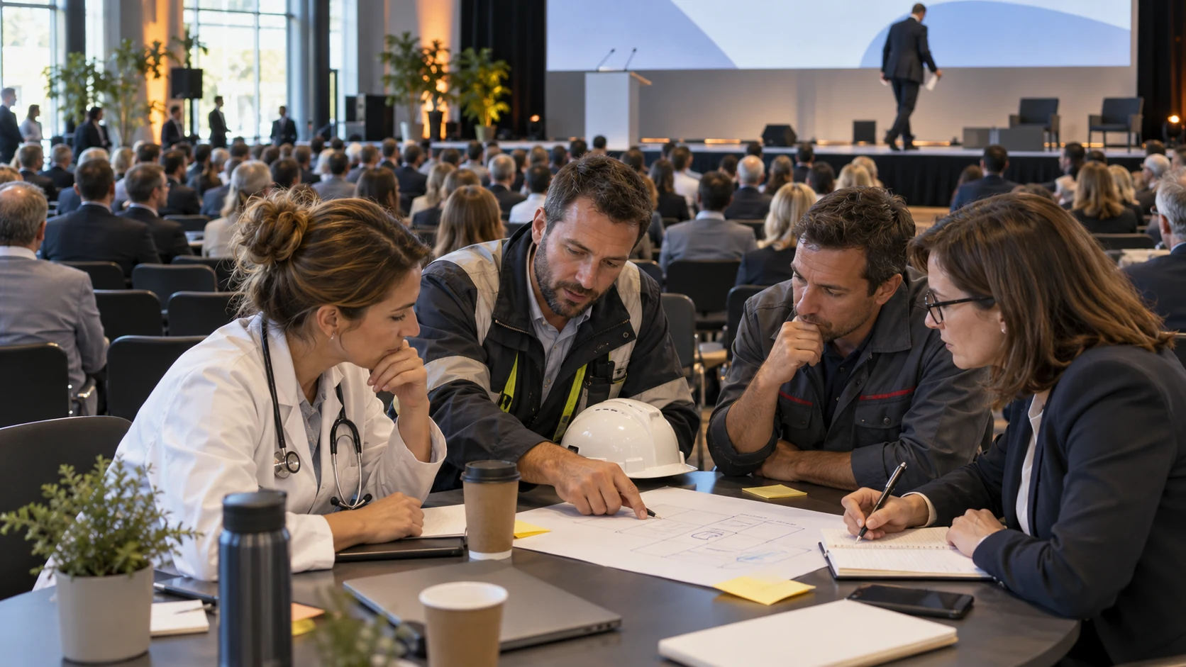 Après une conférence, des participants de plusieurs métiers esquissent une première action
