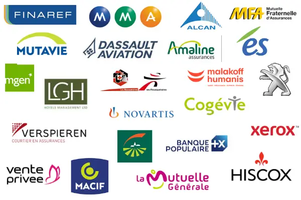 Références clients de Patrick JAY : Finaref, MMA, Alcan, MFA, Mutavie, Dassault Aviation, Amaline, MGEN, Malakoff Humanis, Novartis, Verspieren, Banque Populaire, Xerox, vente-privee, Macif, La Mutuelle Générale et Hiscox